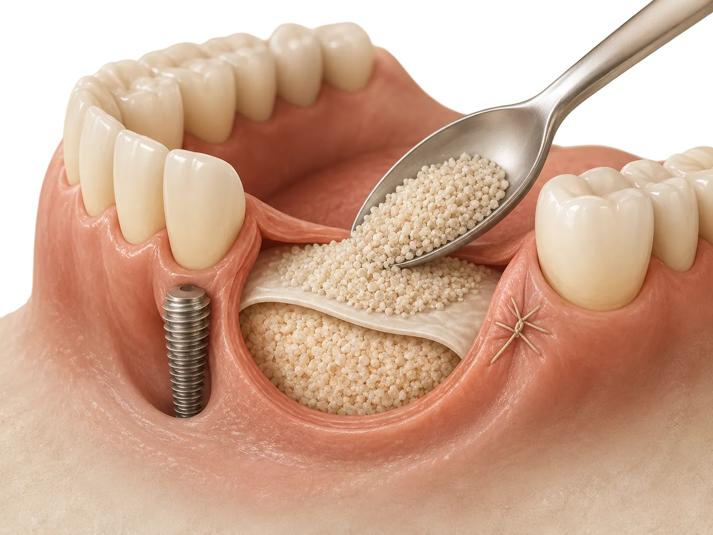 Bone graft material being placed into a tooth socket between natural teeth
