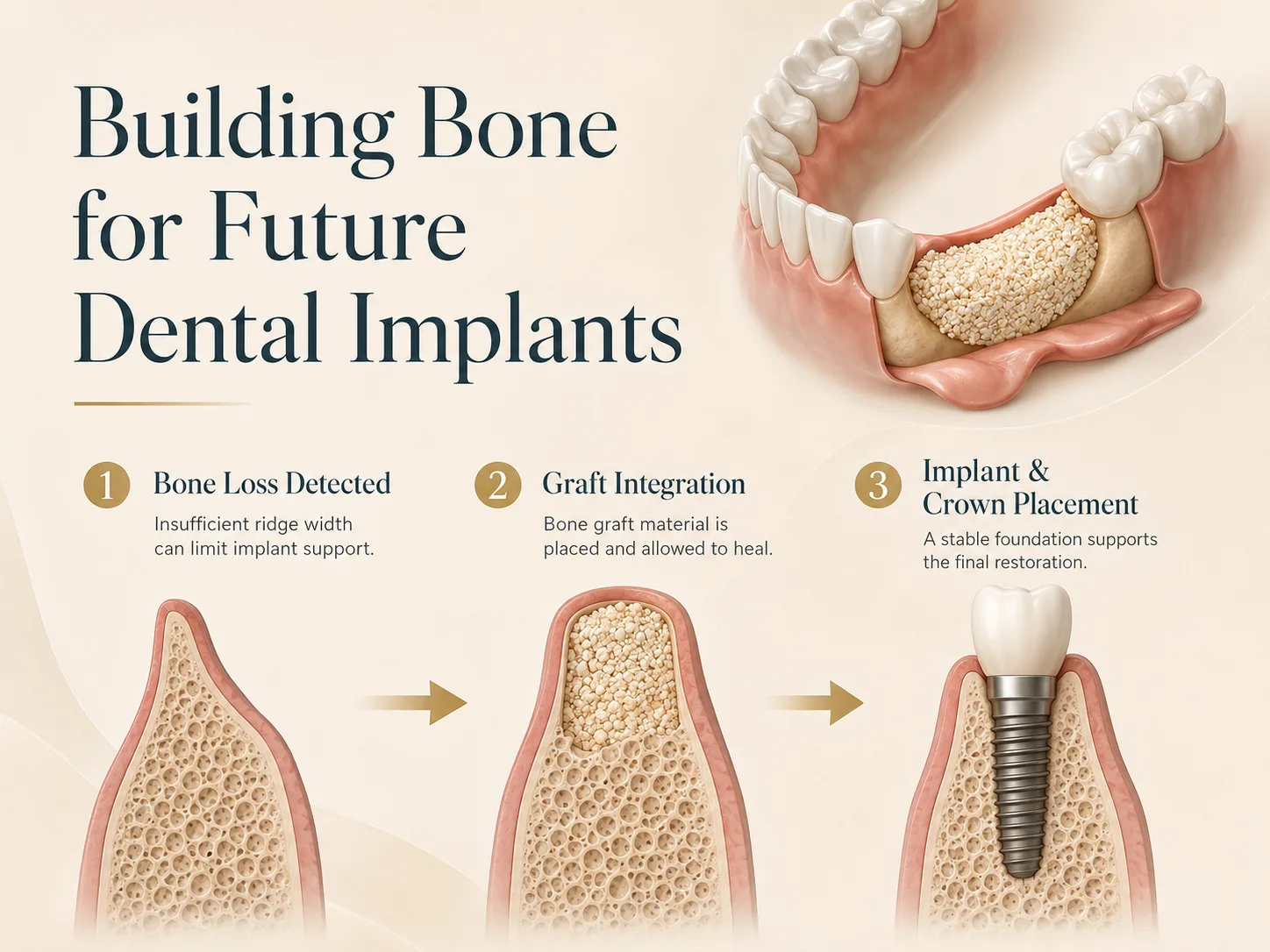 Infographic showing bone loss detection, graft integration, and implant crown placement