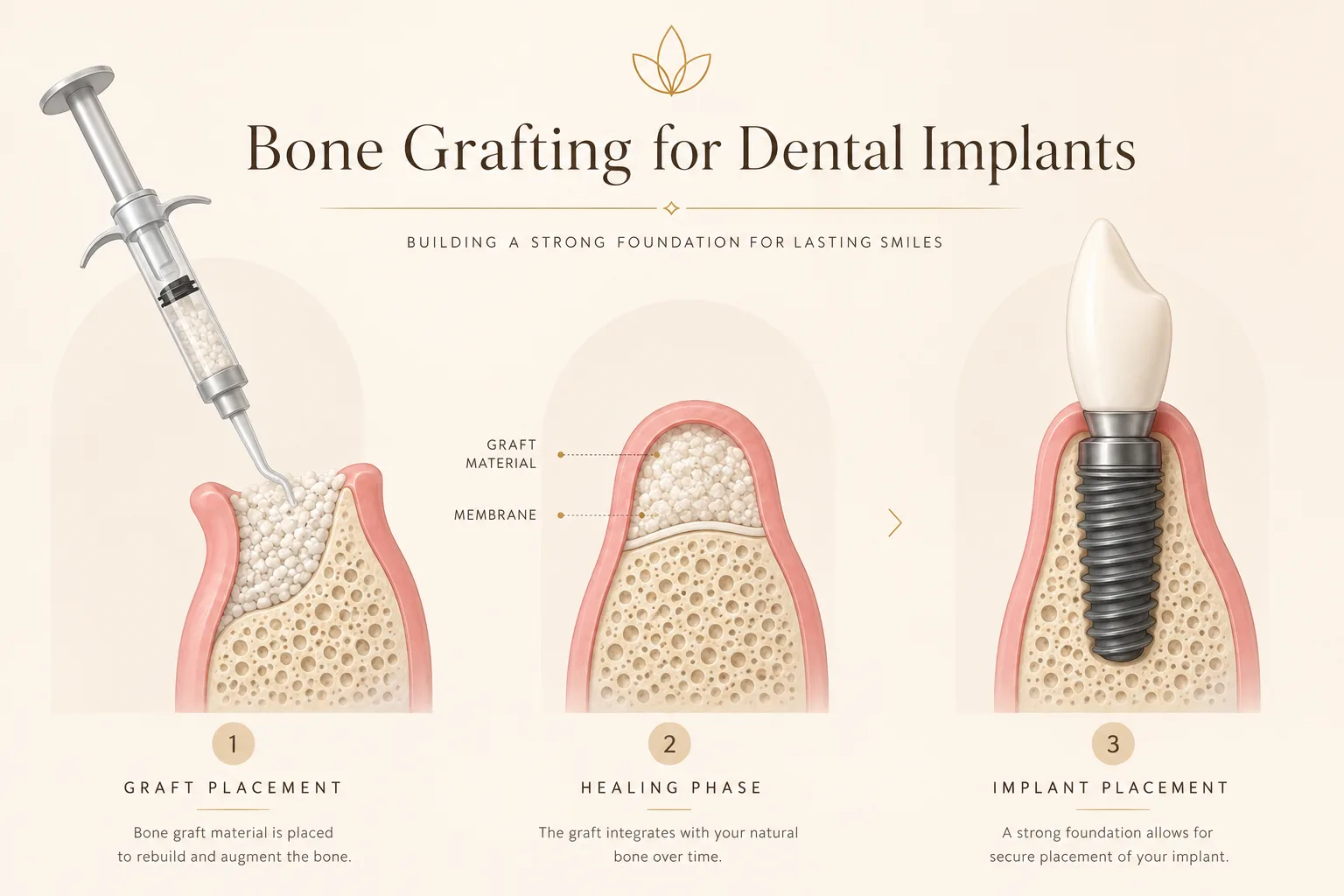 Infographic showing graft placement, healing phase, and dental implant placement