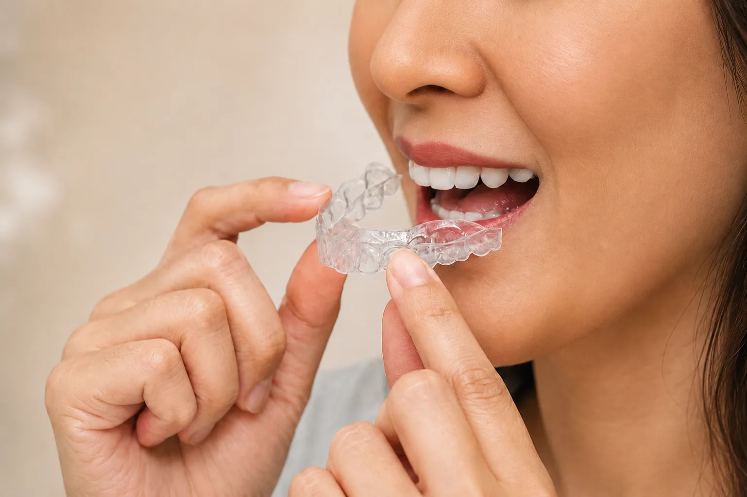 Patient placing a clear aligner tray for orthodontic treatment in Plantation Florida