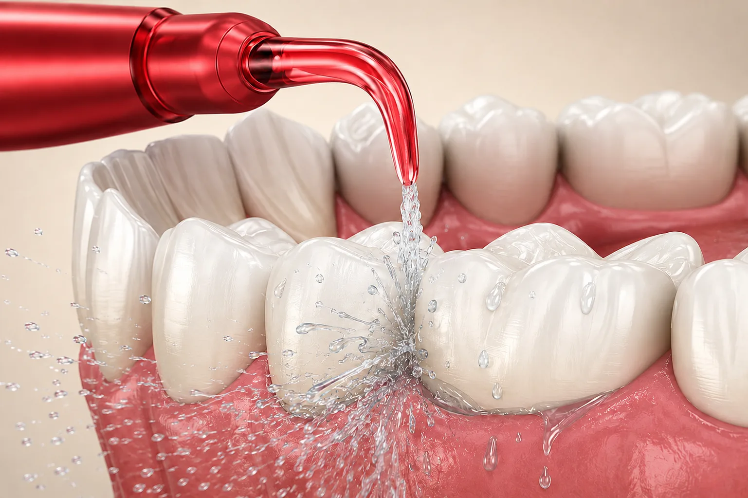 3D render of professional dental cleaning instrument removing buildup between teeth