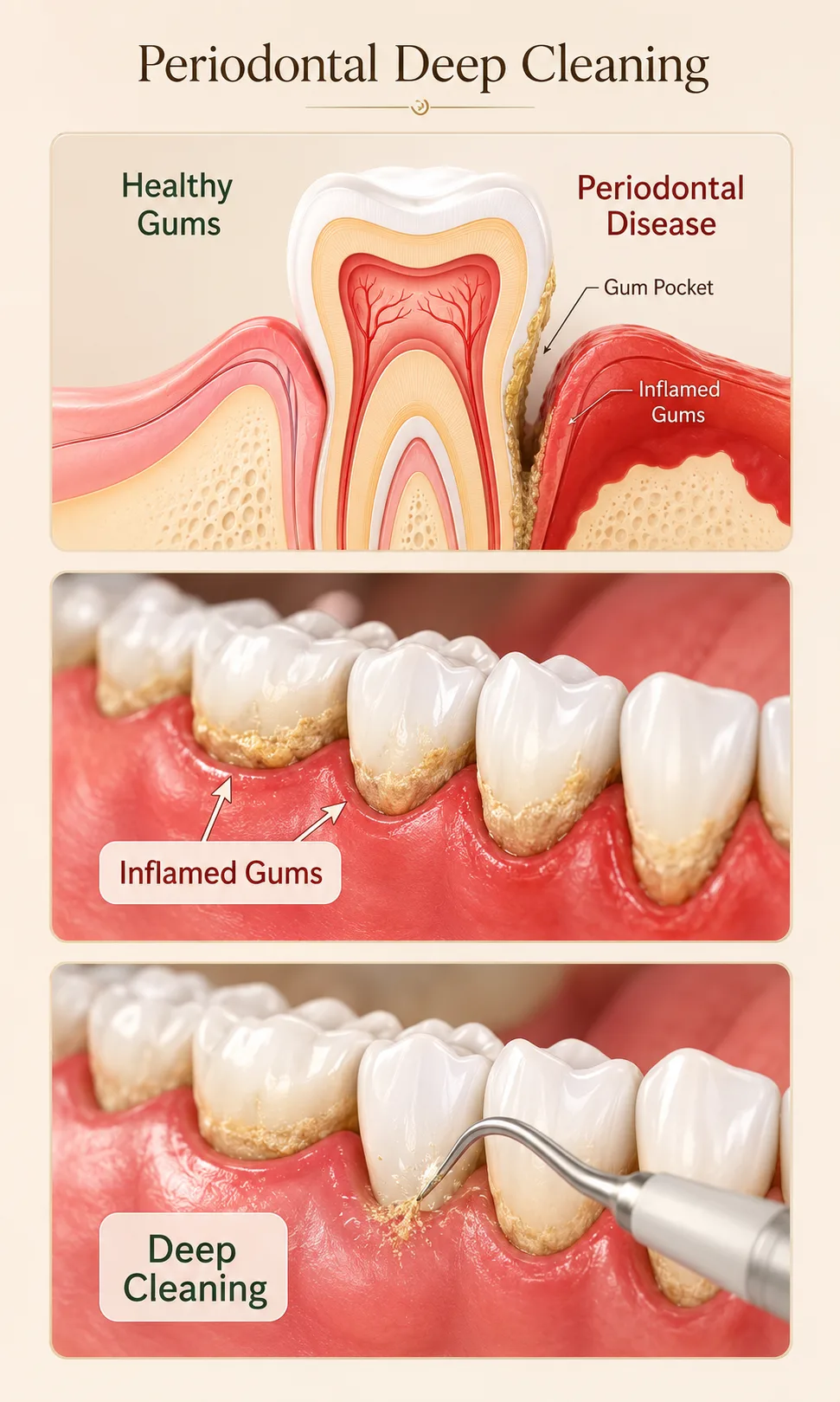 Periodontal deep cleaning diagram showing healthy gums versus gum disease and scaling treatment