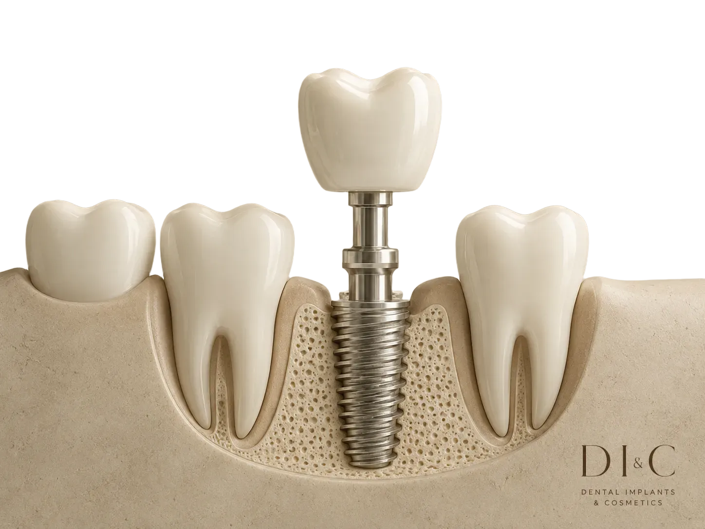 Dental implant titanium post, abutment and ceramic crown in the jawbone