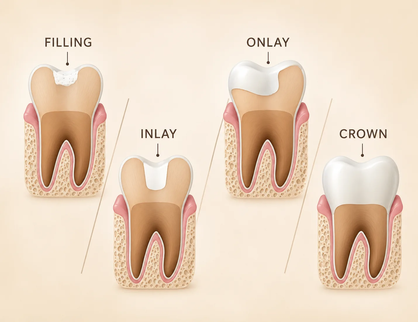 Comparison of dental filling, inlay, onlay, and crown restorations on teeth cross sections