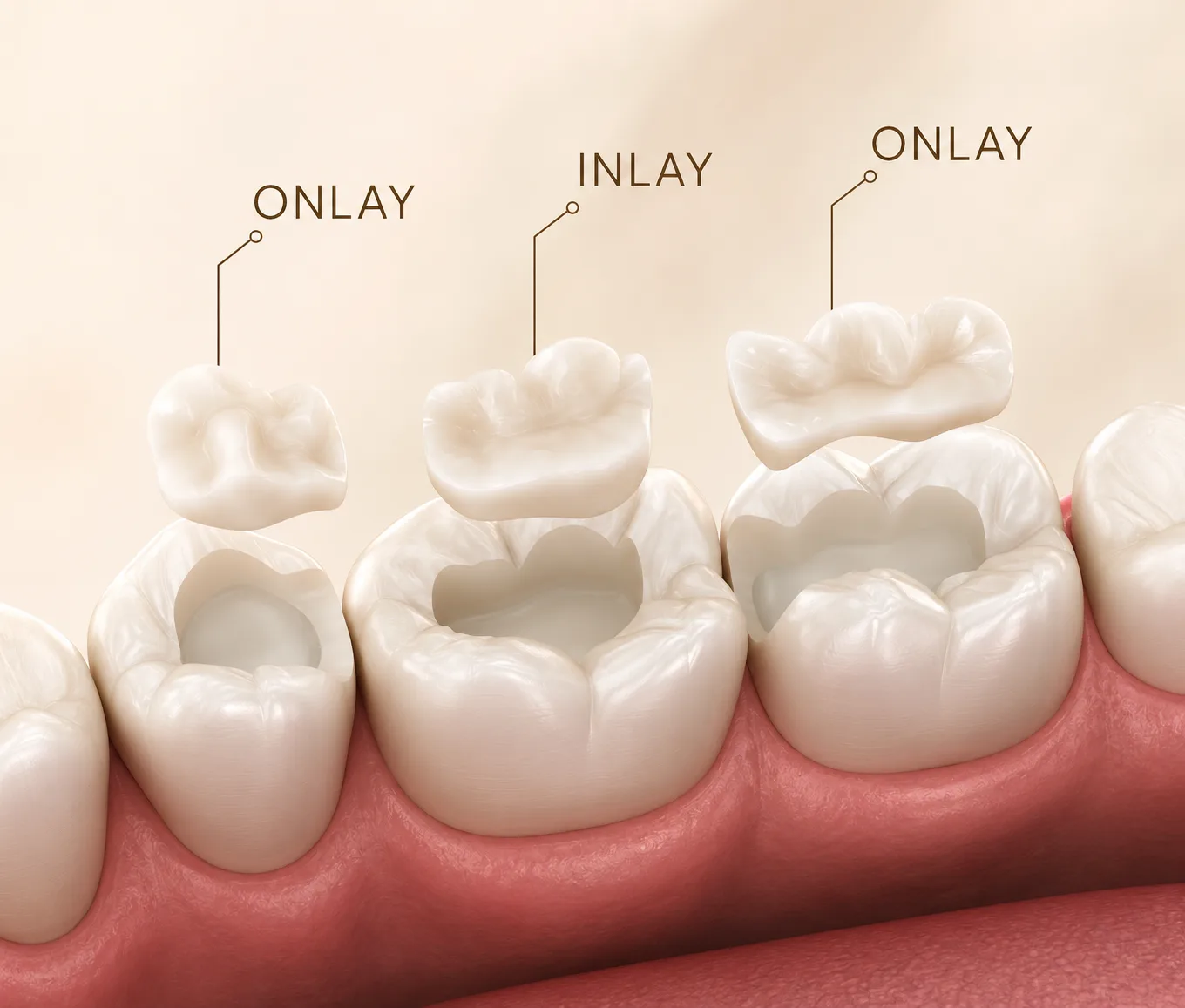 3D render of dental onlays and inlays being placed on prepared teeth