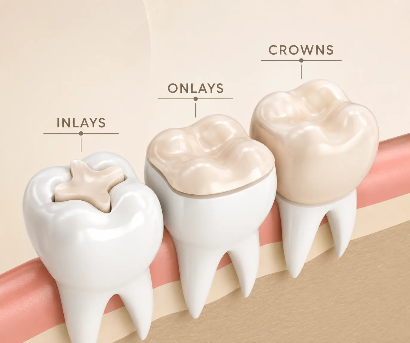 3D comparison of dental inlays, onlays, and crowns showing relative size of each restoration