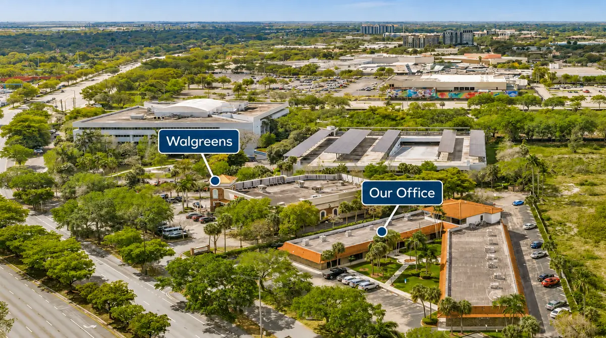 Aerial view showing Dental Implants and Cosmetics just north of Walgreens on N. University Drive in Plantation, FL