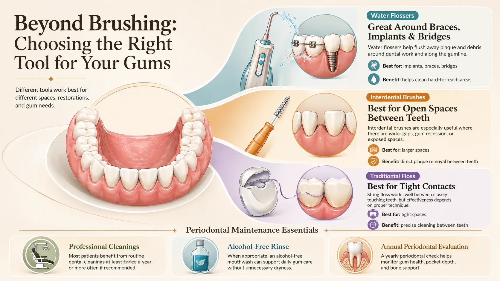 Infographic showing gum care tools including water flossers, interdental brushes, and traditional floss alongside periodontal maintenance essentials