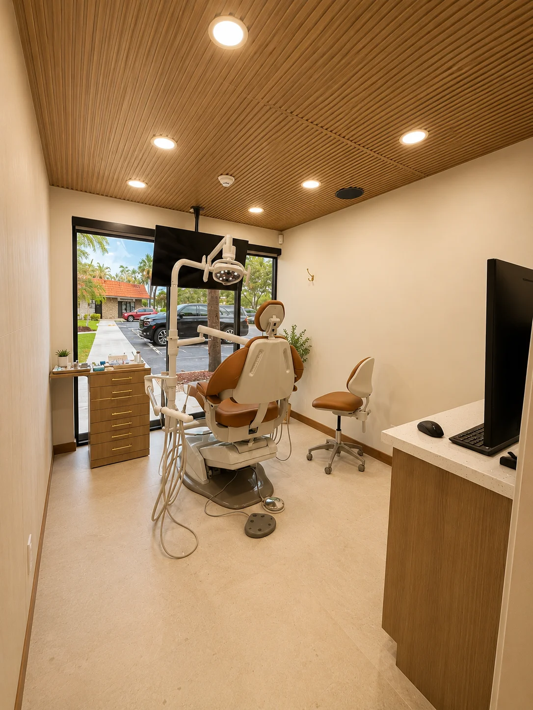 Treatment room with dental chair and garden view, Plantation, Florida