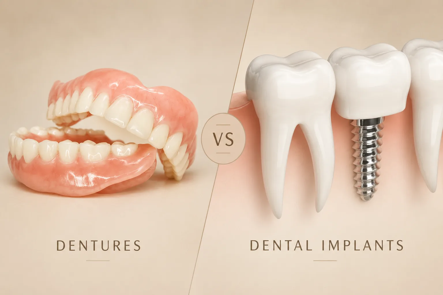 Side-by-side comparison of denture appliances and dental implant crowns