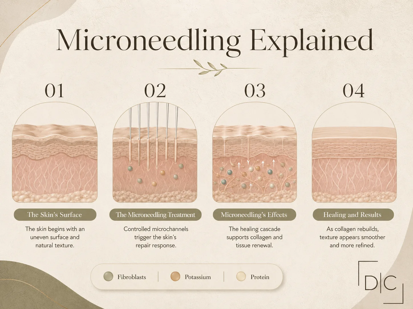 Microneedling explained diagram showing four stages: skin surface, treatment, healing effects, and collagen results