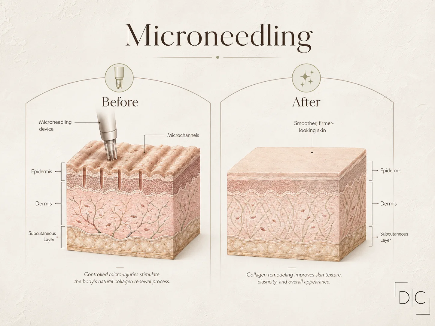 Microneedling skin cross section diagram showing before and after treatment with epidermis, dermis, and subcutaneous layer