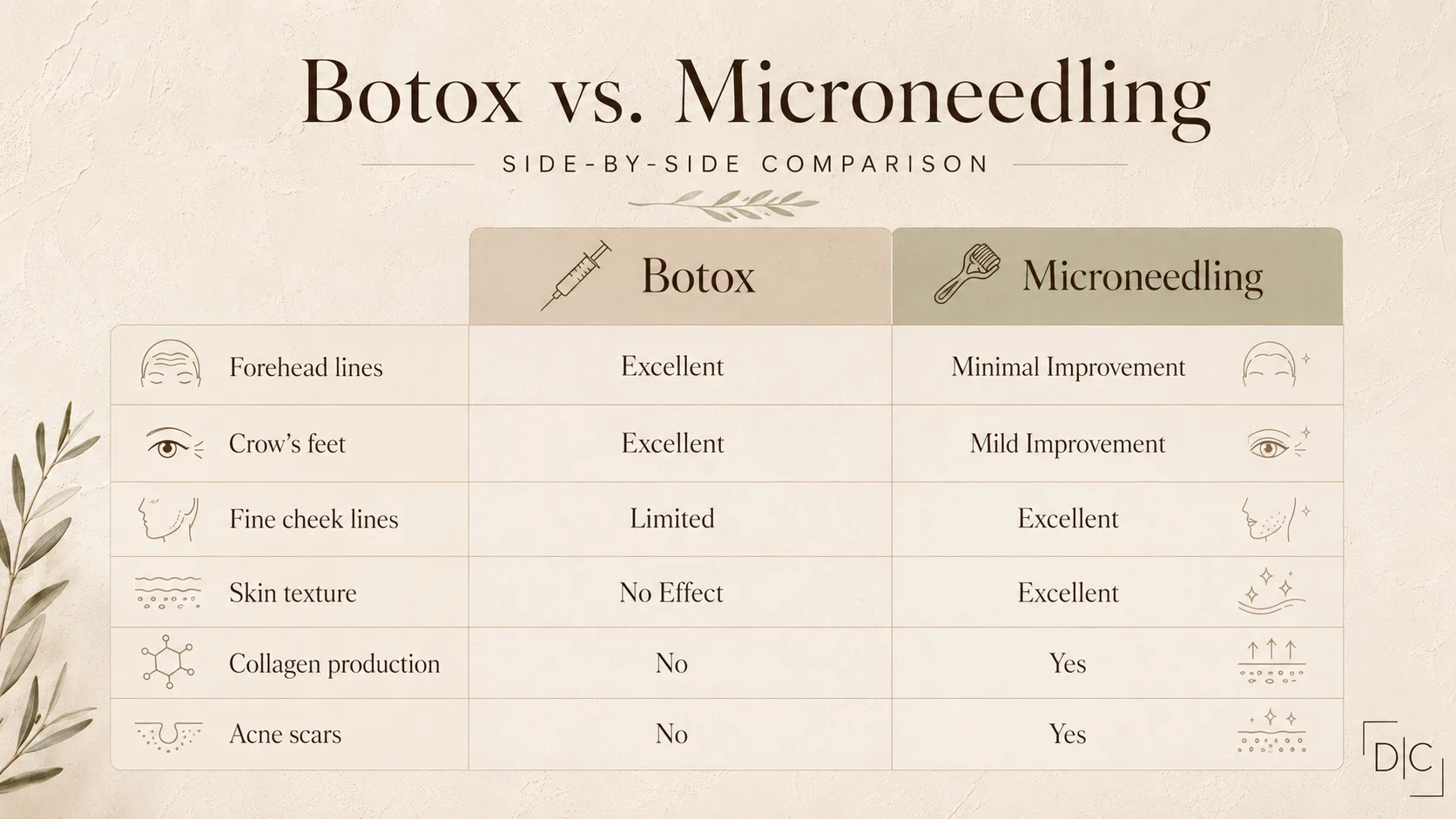 Botox versus microneedling side by side comparison chart for forehead lines, crows feet, fine cheek lines, skin texture, collagen production, and acne scars