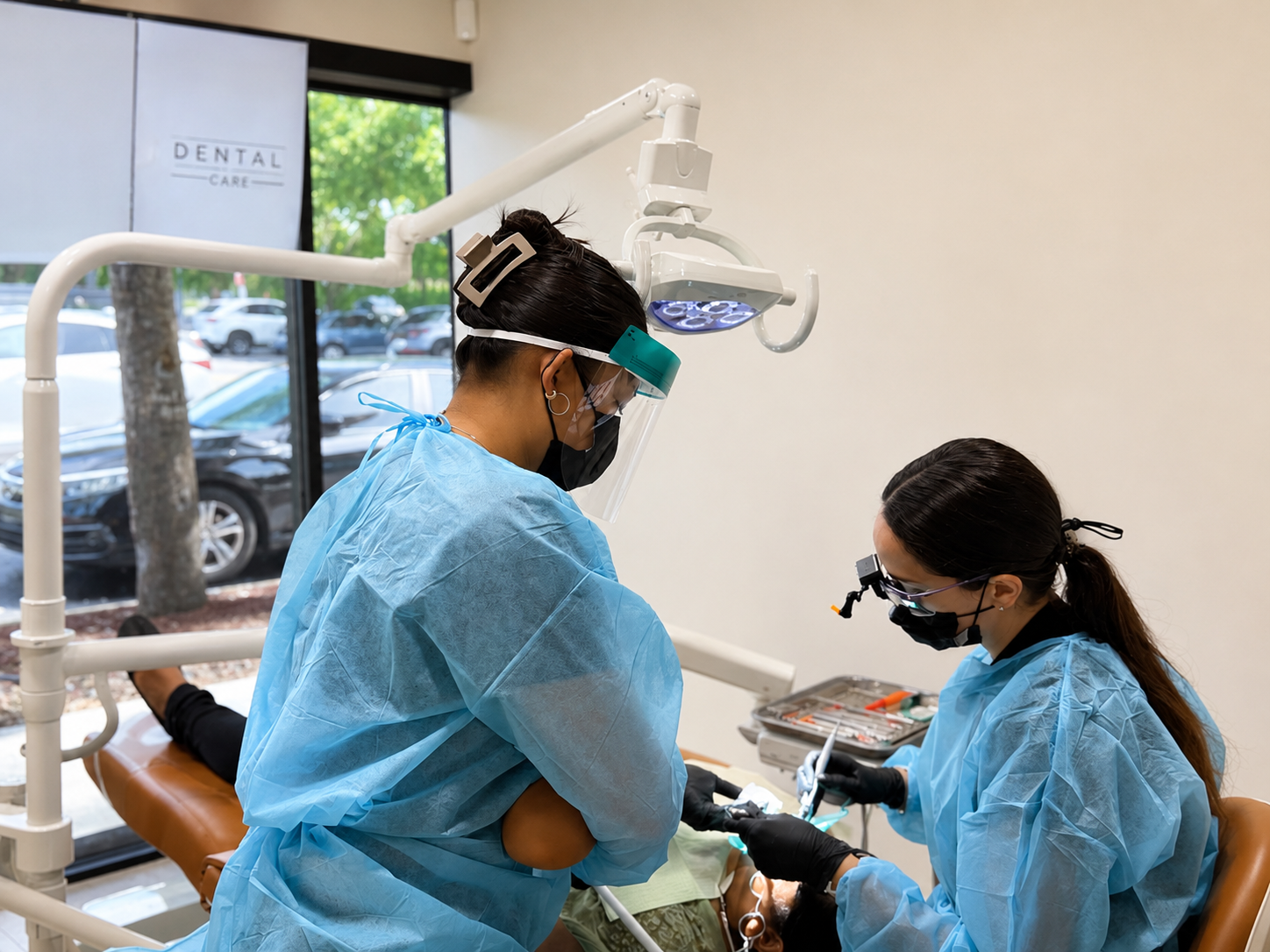 Modern dental care in action Dental team providing treatment in a dental chair