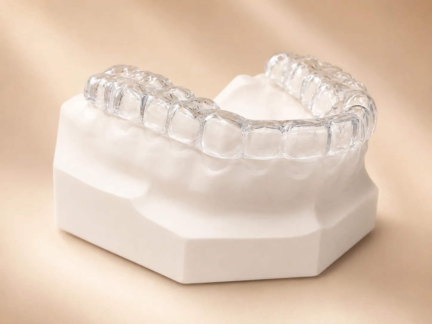 Clear custom night guard resting on a white dental model