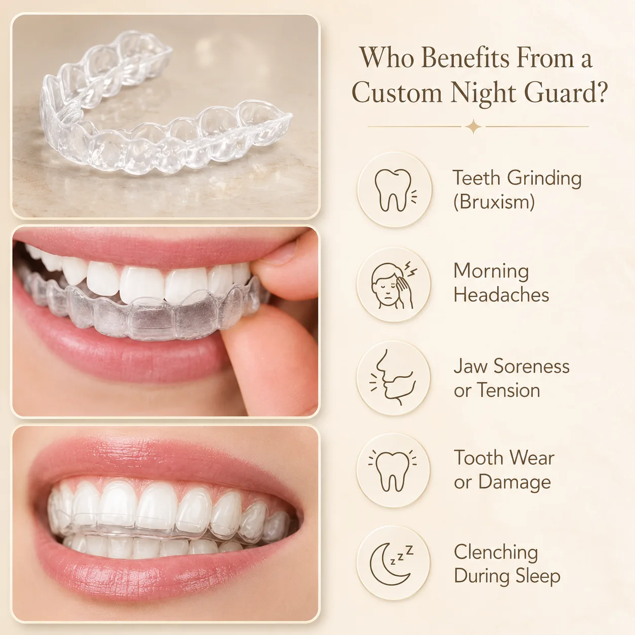 Infographic showing who benefits from a custom night guard including teeth grinding, morning headaches, jaw soreness, tooth wear, and clenching