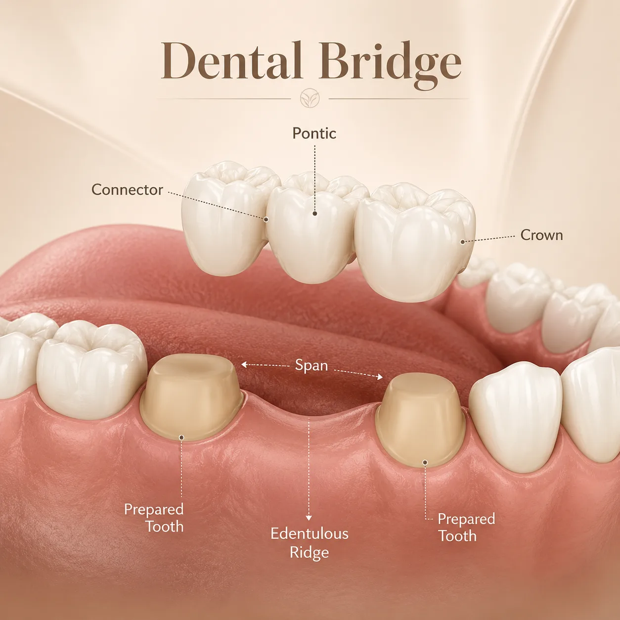 Labeled diagram of a dental bridge showing pontic, connector, crown, span, and prepared teeth