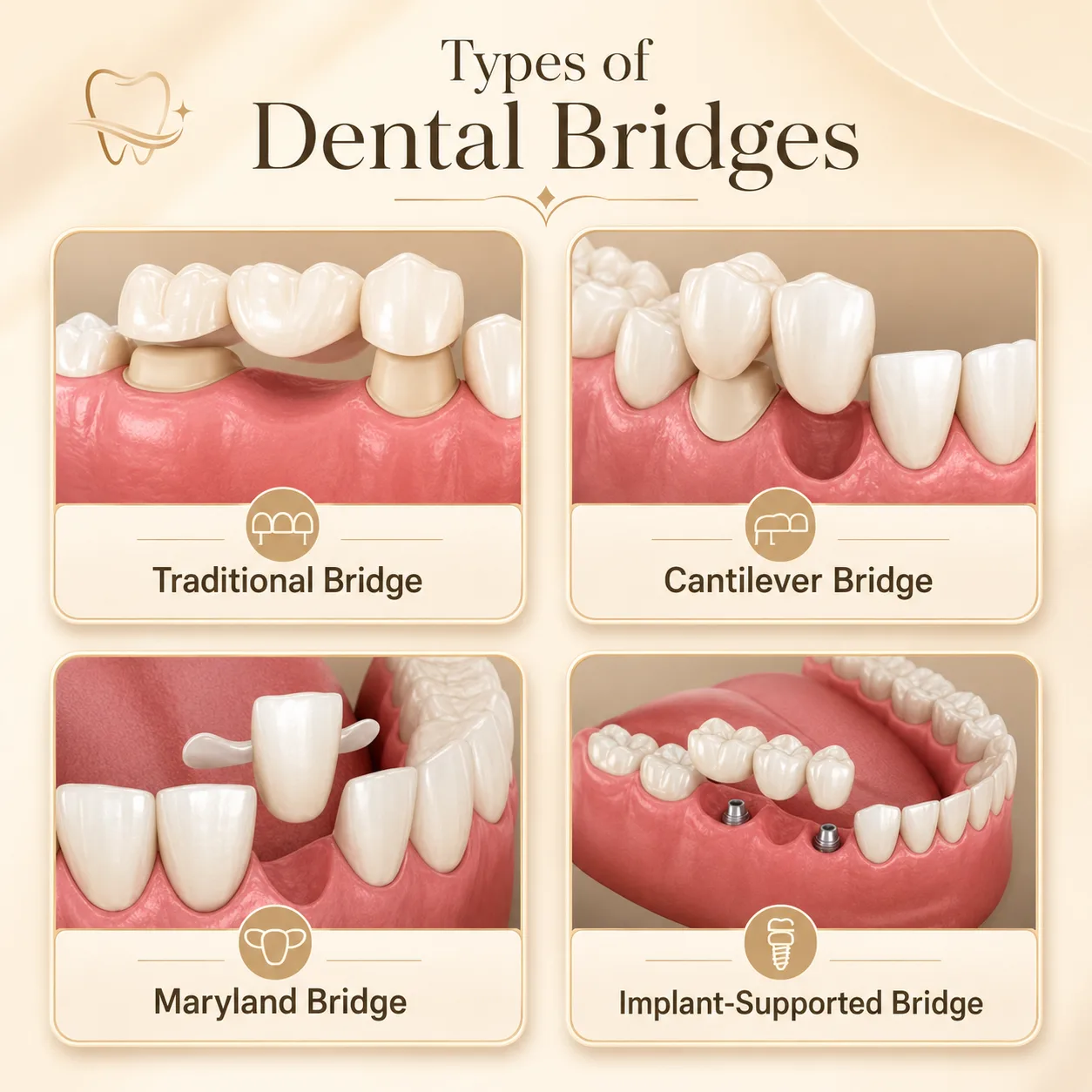 Types of dental bridges infographic showing traditional, cantilever, Maryland, and implant supported bridge options