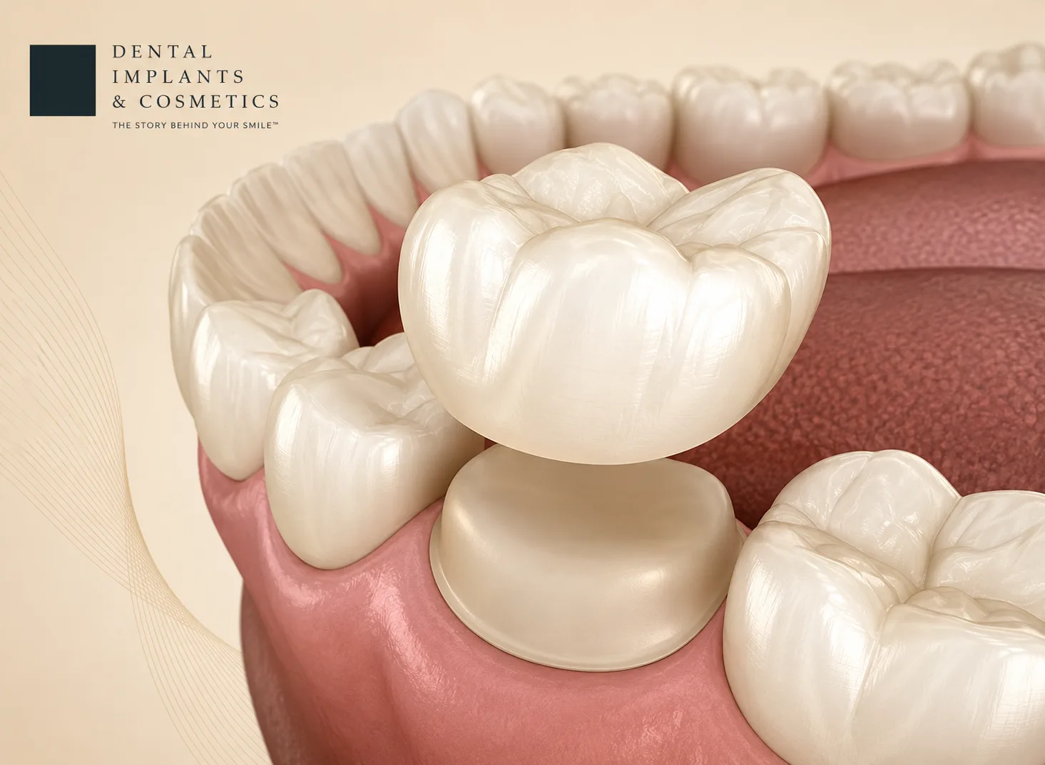 3D render of a porcelain crown being placed over a prepared tooth
