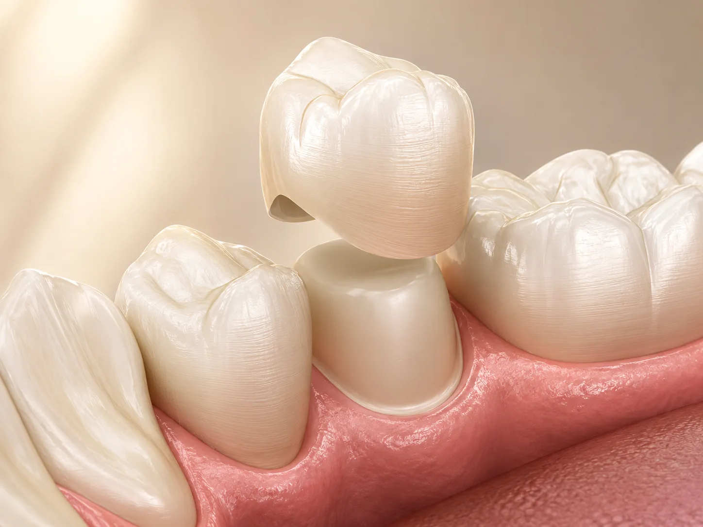Close up 3D render of a porcelain dental crown fitting over a prepared tooth