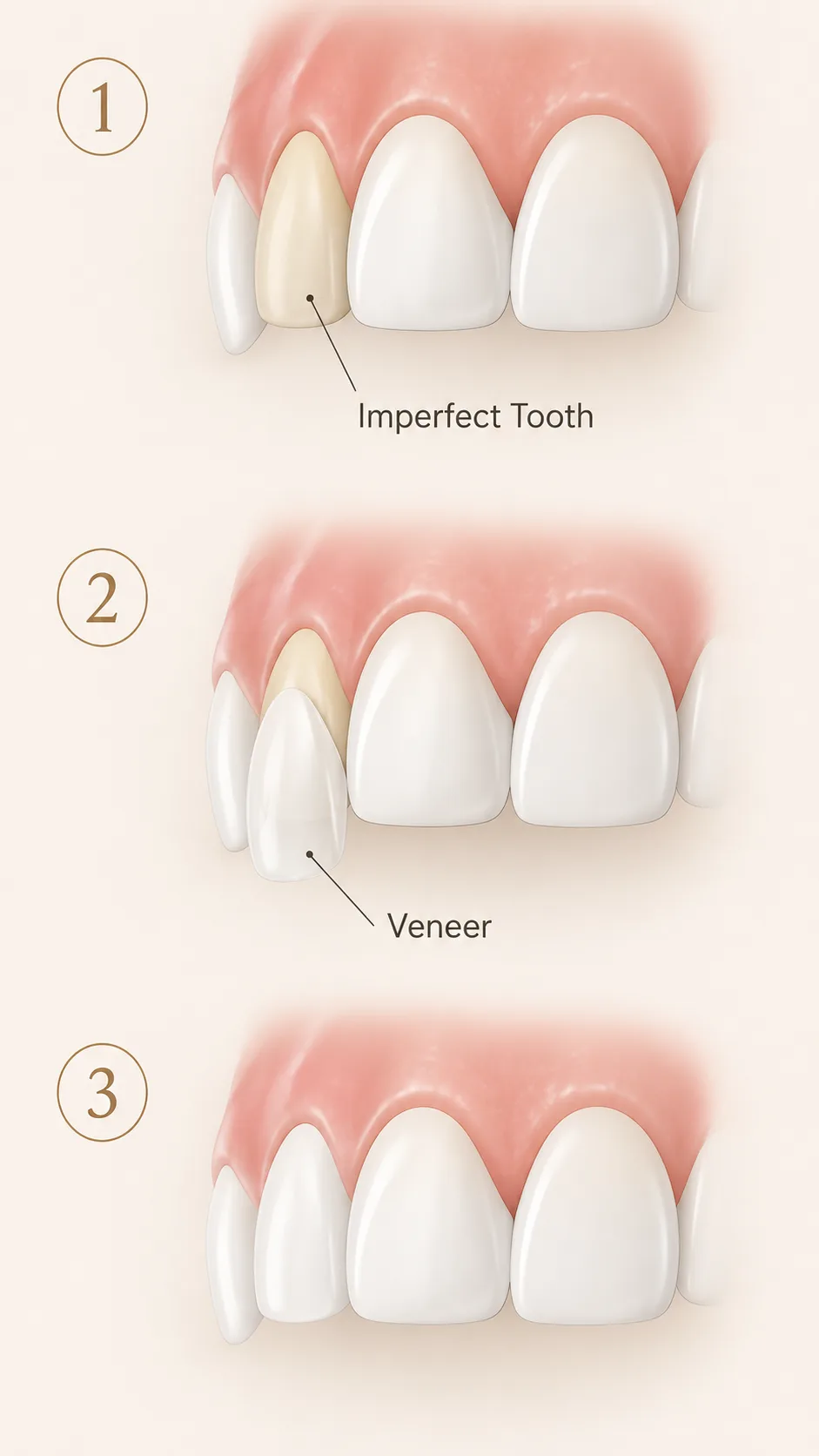 Porcelain veneer placement process: imperfect tooth, veneer, final result