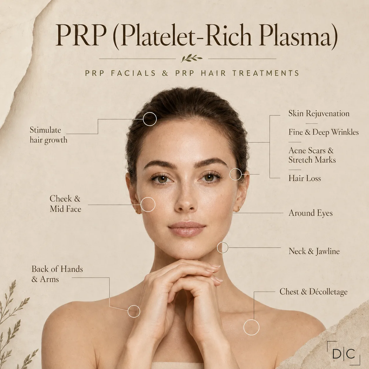 PRP platelet rich plasma treatment areas diagram at Dental Implants and Cosmetics in Plantation, Florida