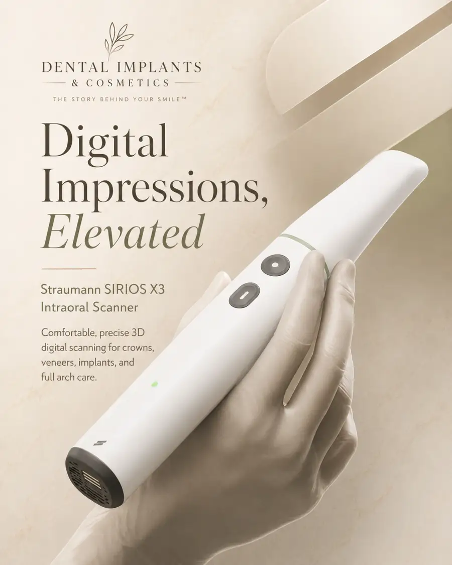 Straumann SIRIOS X3 intraoral digital scanner held by clinician in warm studio setting