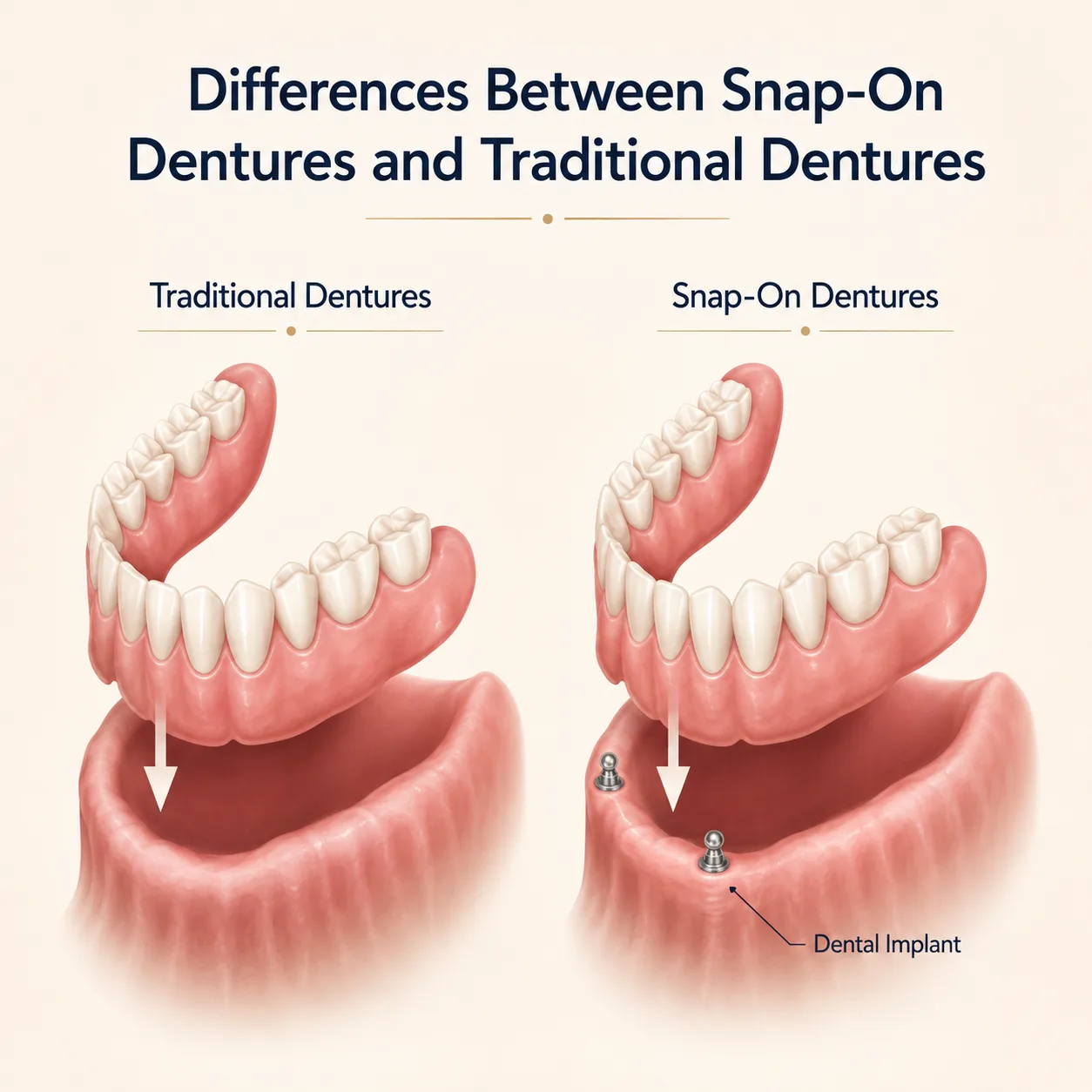 Diagram comparing traditional dentures versus snap-on implant-retained overdentures